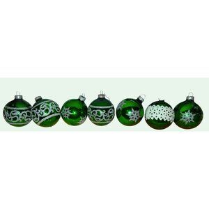 Set Of 7 Vintage Green Christmas Ornaments Silver Glitter Snowflake Swirl Design